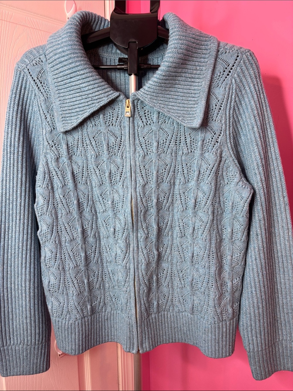 Talbots Plus 1X Blue Cable Knit Zip Front Cardigan Sweater Oversized Collar